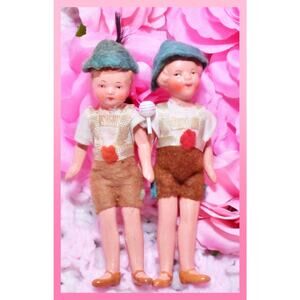 3.5” Hertwig German Miniature Doll Tyrol Painted Bisque Antique Boy Twins Set